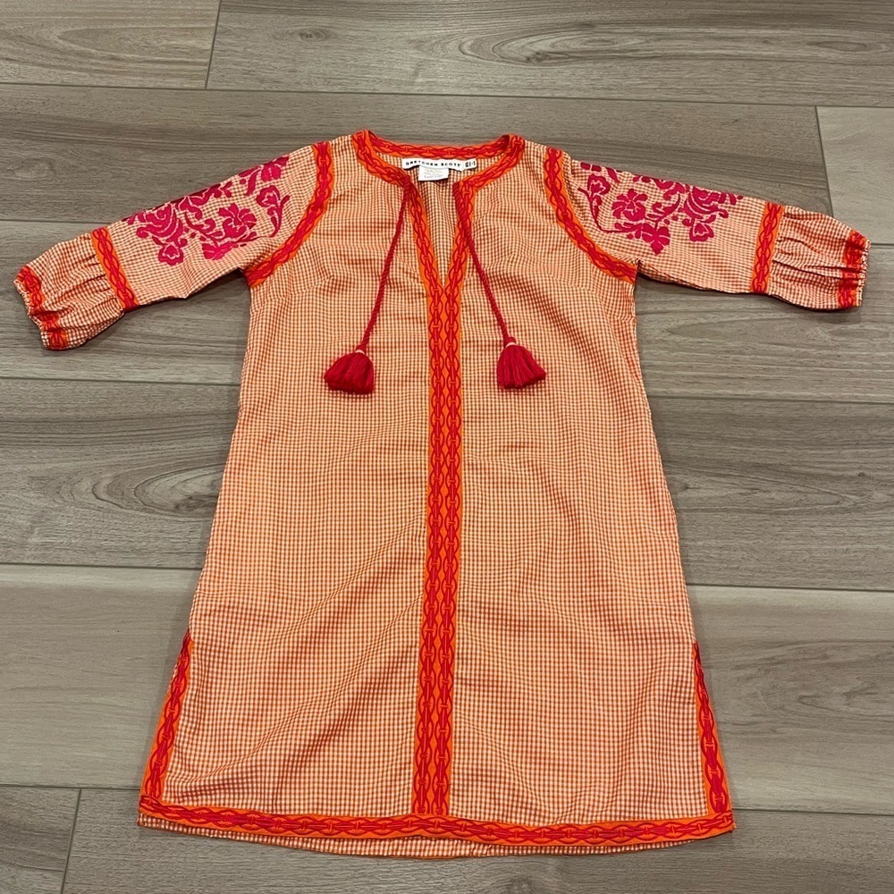 Gretchen Scott Womens Tunic Dress 3/4 Sleeves Embroidered Orange Pink Small XS
